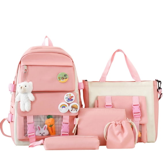 Weebloom 5Pcs School Backpack For Kids Boys Girls Cute Stylish Daypack 5 Piece Large Bookbag Elementary Middle School Pink