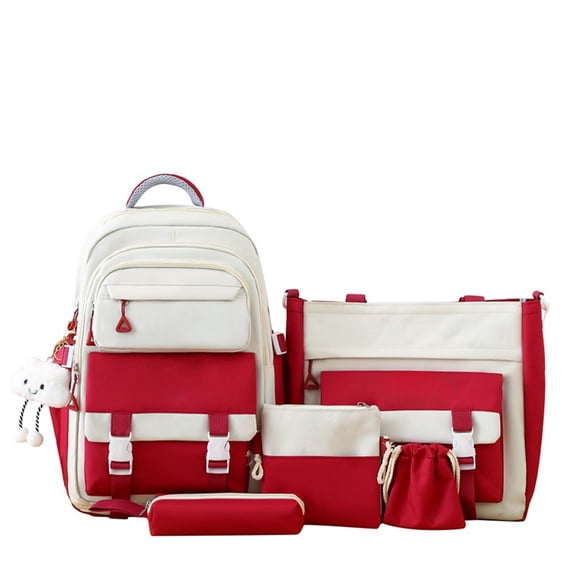 Weebloom 5Pcs School Backpack For Kids Boys Girls Cute Stylish Daypack 5 Piece Large Bookbag Elementary Middle School Red