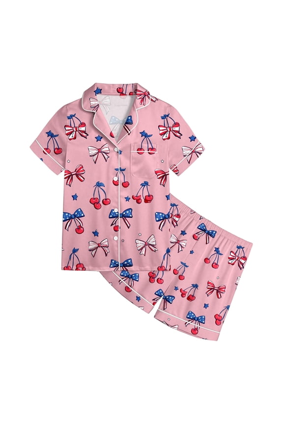 American Flag Summer Pajamas For Girls Girls Independence Day Print Button Down Short Sleeve Pajama Sleepwear Nightwear Pjs Loungewear 13-14 Years