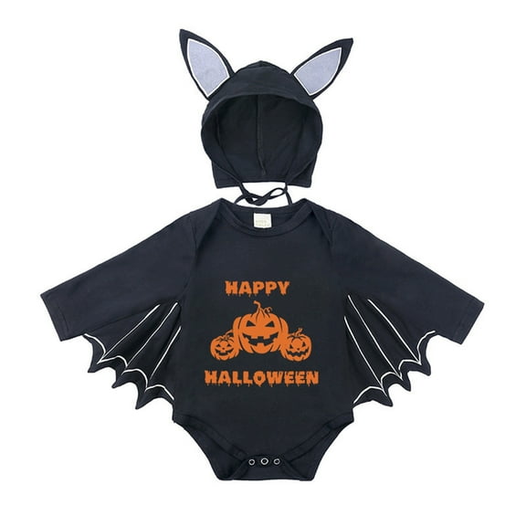Weebloom Baby Bat My 1St Halloween Outfit Newborn Baby Boy Girl Black Bat Long Sleeve Romper Bodysuit With Hats Set Jumpsuits 3-6 Months Black1
