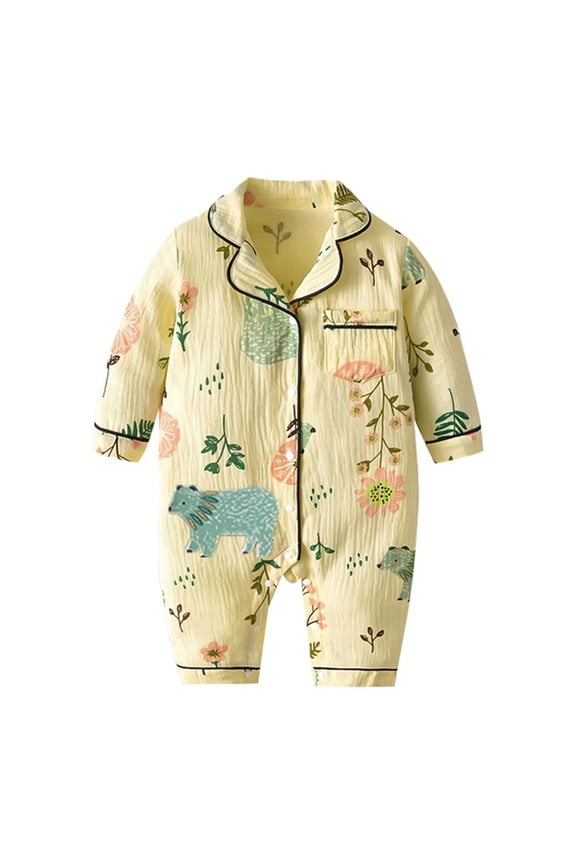 Baby Boy Girl Sleepers Floral Animals Print Button Up Pj's Jumpsuit Clothes Sleep And Play Pjs Pajamas Romper Onesie Light Yellow 0-3 Months