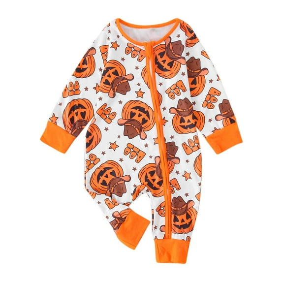 Weebloom Baby Boy Halloween Pumpkin Outfit Cartoon Pumpkin Face Printing Pullover Romper Jumpsuit Clothes 0-3 Months