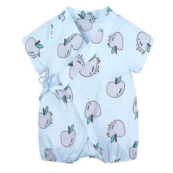 Weebloom Baby Boy Outfit Linen Breathable Cute Cartoon Fruit Print Romper Shorts With Tie Closure Comfortable Infants Toddlers Pjs 2-3 Years Sky Blue