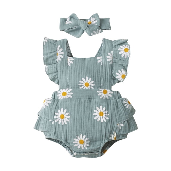 Weebloom Baby Girl Clothes Set Clothes Daisy Print Crepe Set 2Pc Set Girls Romper Green 3-6 Months