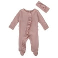 thumbnail image 1 of Weebloom Baby Girl Pajamas,Spring Fall Clothes Knit Ruffle Footies Jumpsuit With Headband Pyjamas Baby Girl Romper,6-12 Months, 1 of 6