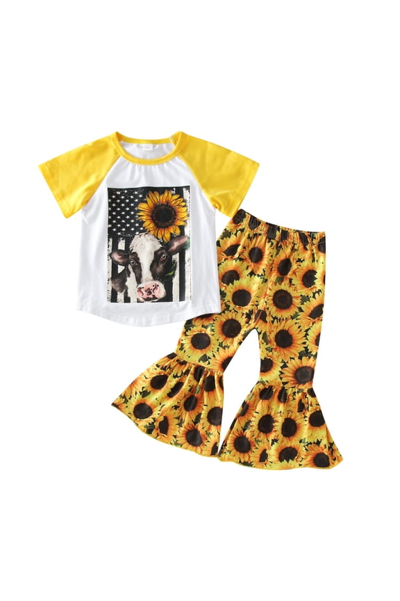 Baby Girl Summer Clothes Set Kids Sunflowers Floral Printed Short Sleeves Top Flared Pants Two Piece Outfits 1-6 Years
