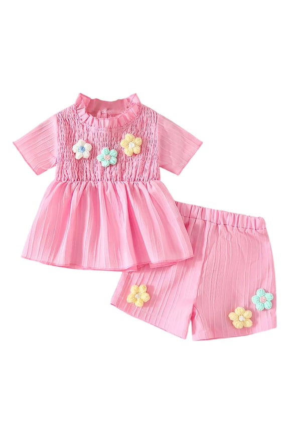 Baby Girl Summer Clothes Set Toddler Floral 2 Piece With Stripe 3D Applique Shorts Beach Short Sleeve Top Outfits 1-5 Years