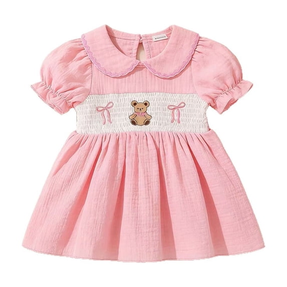Weebloom Baby Girl Summer Dress Peter Pan Collar Dress Cute Bear Embroidery Short Sleeve Baby Girls' Dresses Pink 12-18 Months