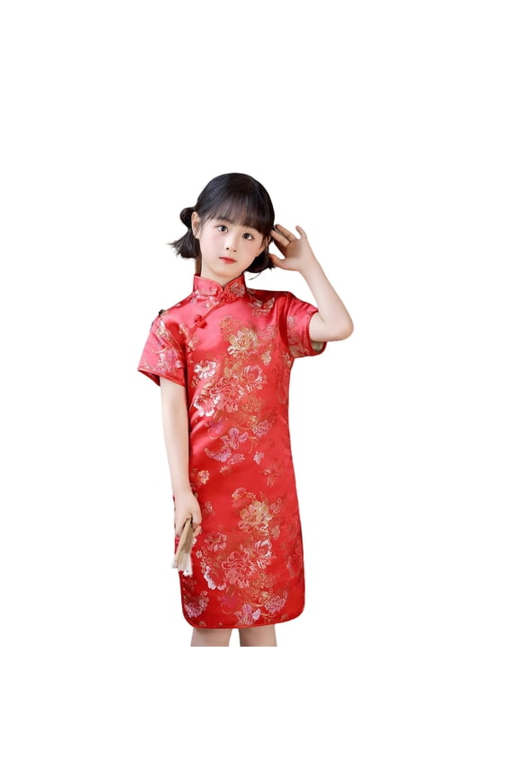 Baby Girls Chinese Qipao Dress Cheongsam Floral Pattern Short Sleeve Cheongsam For Birthday Party Wedding Girls' Dresses Red 18-24 Months
