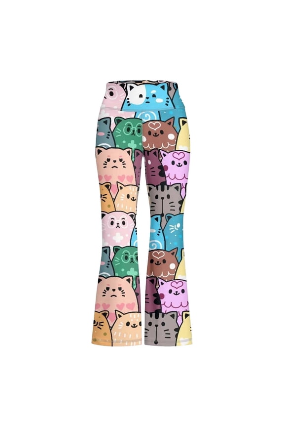 Baby Girls Flared Leggings Bell Bottoms Wide Leg Casual Pants Cartoon Cat Print Sporty Long Trousers Pants Yoga Dance Pants Blue 1-2 Years