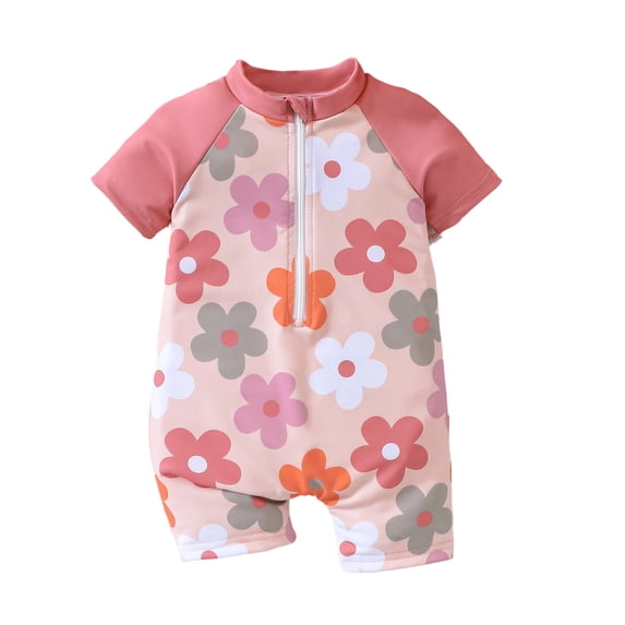 Weebloom Baby Girls One Piece Swimsuit Rash Guard Short Sleeve Sun Protection Flower Print Toddler Swimwear Cute Bathing Suit Swimsuits For Girls Pink 9-12 Months