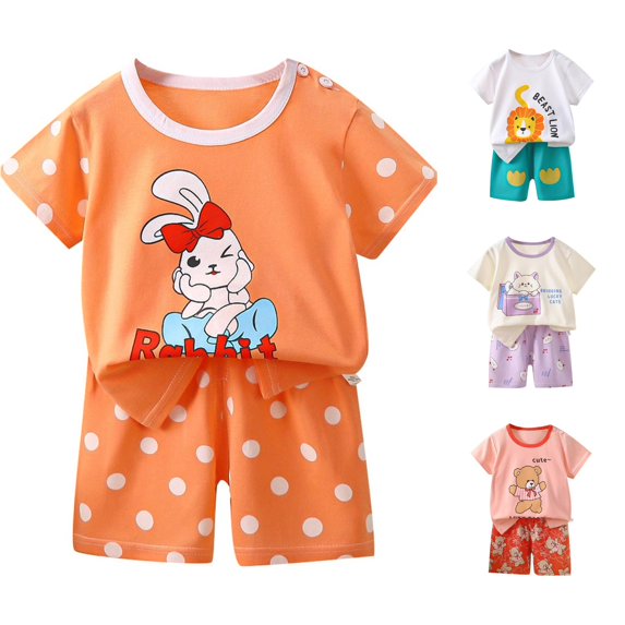 Weebloom Baby Girls' Pajama Sets Casual Fashion Short Sleeved Top + Shorts Home Clothes Pajamas Two Piece Short Sleeved Suit Sleepwear Nightwear Pjs Loungewear Orange 18-24 Months