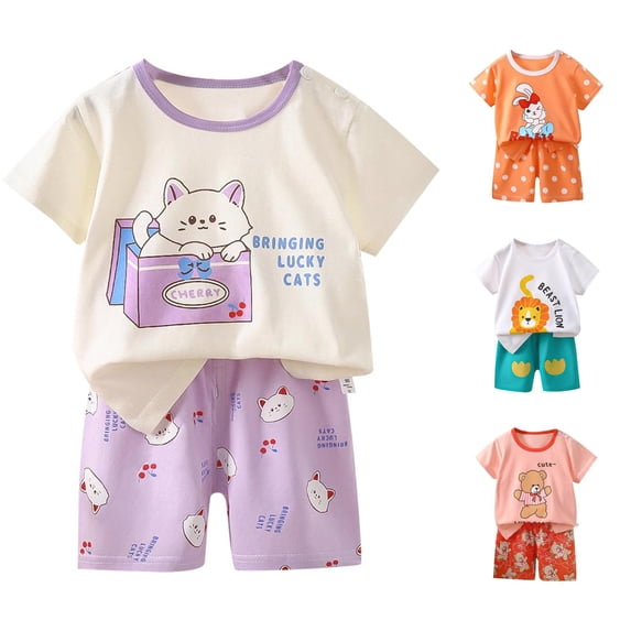 Weebloom Baby Girls Pajamas Casual Fashion Short Sleeved Top + Shorts Home Clothes Pajamas Two Piece Short Sleeved Suit Sleepwear Nightwear Pjs Loungewear Light Purple 24-36 Months