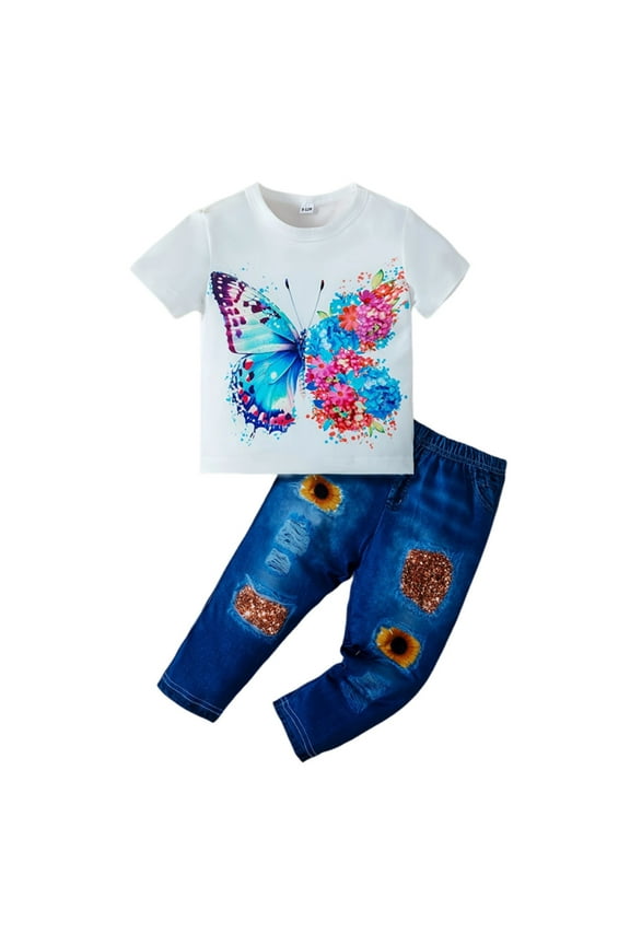 Baby Girls Summer Outfits Toddler 2 Piece Spring Autumn Floral Print Short Sleeve Top With Denim Pants Casual Playwear Clothes Set 6M-3Y