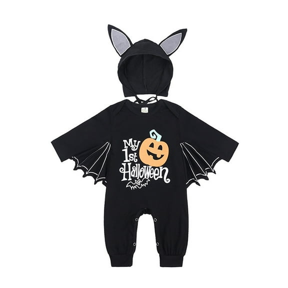 Weebloom Baby Halloween Bat Outfit My 1St Black Bat Long Sleeve Pumpkin Romper Jumpsuit With Hats 6-12 Months