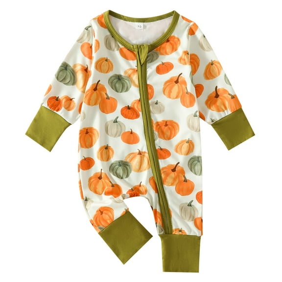 Weebloom Baby Halloween Pumpkin Outfit Clothes Long Sleeve Romper Pumpkin Print Jumpsuit Zipper Playsuit 3-6 Months
