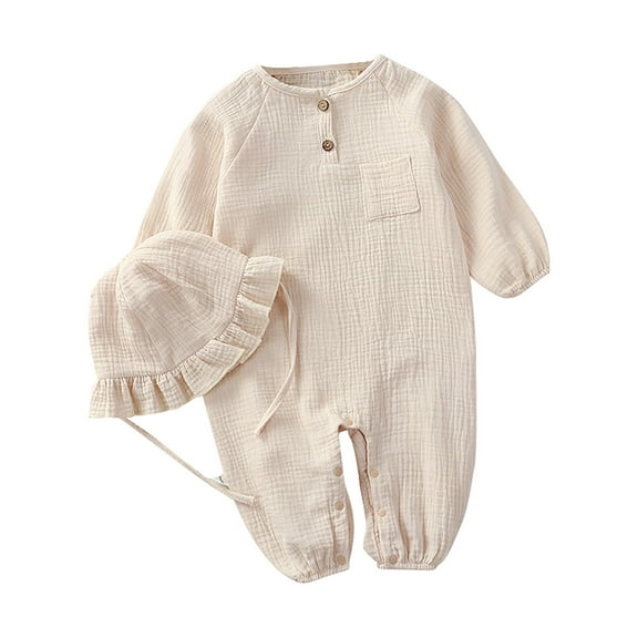 Weebloom Baby Loungewear Infant Linen Long Sleeve Rompers Button Down Clothes With Ruffled Bonnet Hat Onesies 18-24 Months Beige