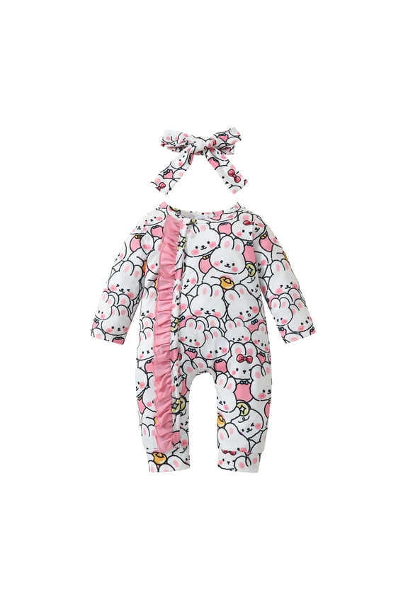 Baby Pajamas Girl Footless Toddler Easter Long Sleeve Cartoon Rabbit Prints Ruffles Jumpsuit Clothes Loungewear Pjs Onesie Sleepers Romper Outfits