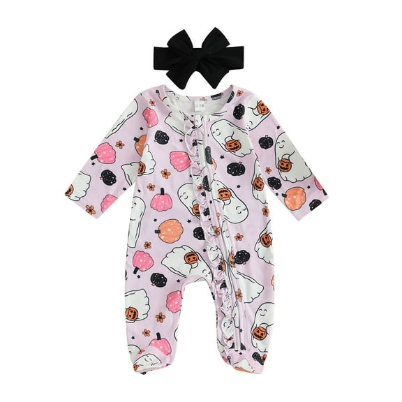 Weebloom Baby Sleepwear Halloween Autumn Cute 100 Days Pumpkin Print Long Sleeve Zipper Footed Coverall For 0-6 Months Rompers,Purple 0-3 Months