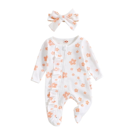 Weebloom Baby Sleepwear Toddler Long Sleeve Floral Prints Romper Jumpsuit Kinds Fall Winter Clothes Rompers,White 3-6 Months