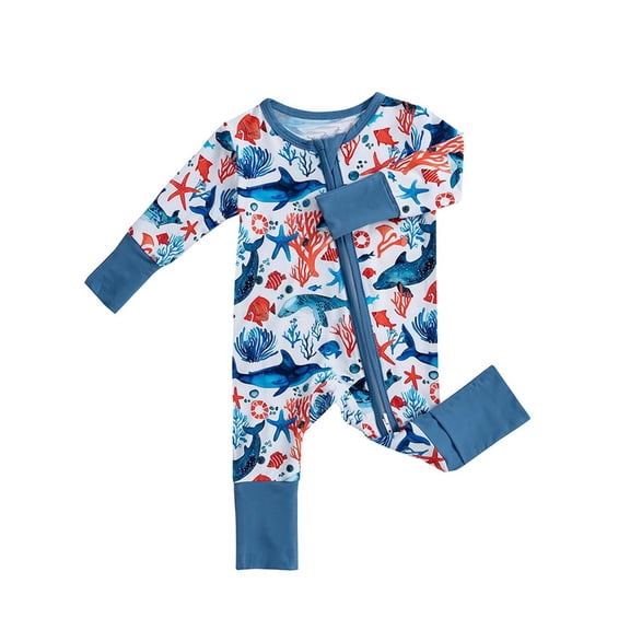 Weebloom Bamboo Baby Clothes Bamboo Long Sleeved Cartoon Flower Animal Full Pattern Dress For Crawling Zipper Homewear Pajamas,Blue 12-18 Months