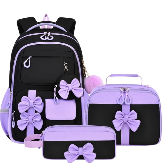Weebloom Bow School Backpack With Lunch Box Pencil Case For Kids Girls Cute 3Pcs School Bags Set Cute Bow Knot Large Capacity Lightweight Large Bookbag Elementary Middle School Dark Purple