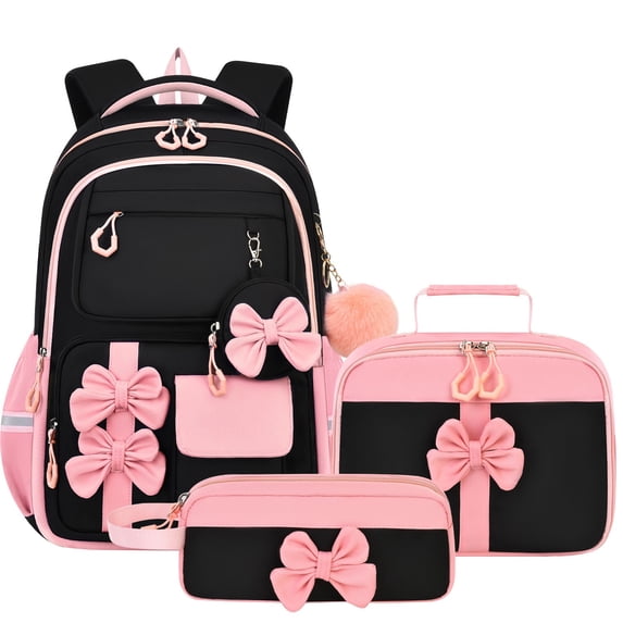 Weebloom Bow School Backpack With Lunch Box Pencil Case For Kids Girls Cute 3Pcs School Bags Set Cute Bow Knot Large Capacity Lightweight Large Bookbag Elementary Middle School Pink