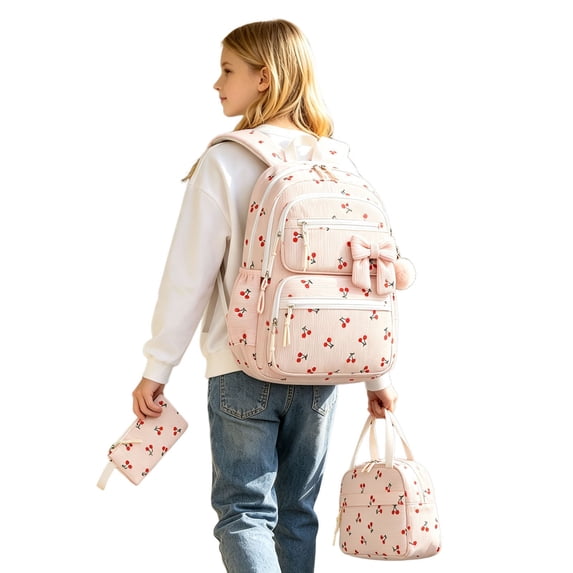Weebloom Bow School Backpack With Lunch Box Pencil Case For Kids Girls Cute 3Pcs School Bags Set Daypack Large Bookbag Elementary Middle High School Beige