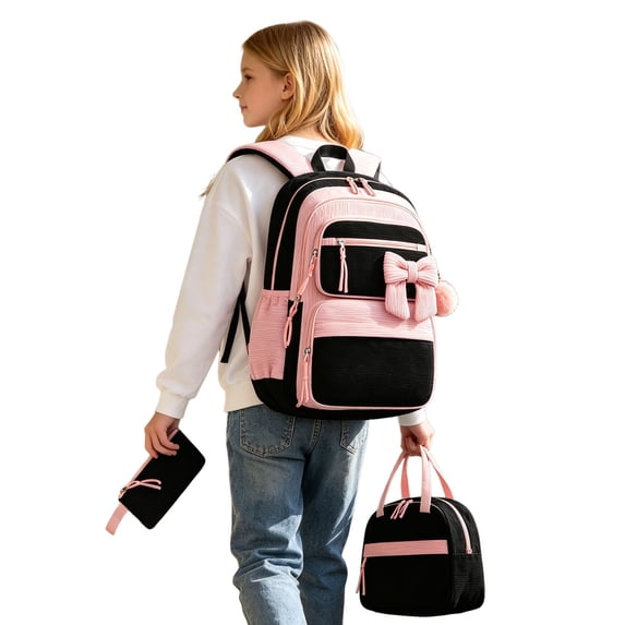Weebloom Bow School Backpack With Lunch Box Pencil Case For Kids Girls Cute 3Pcs School Bags Set Daypack Large Bookbag Elementary Middle High School Pink