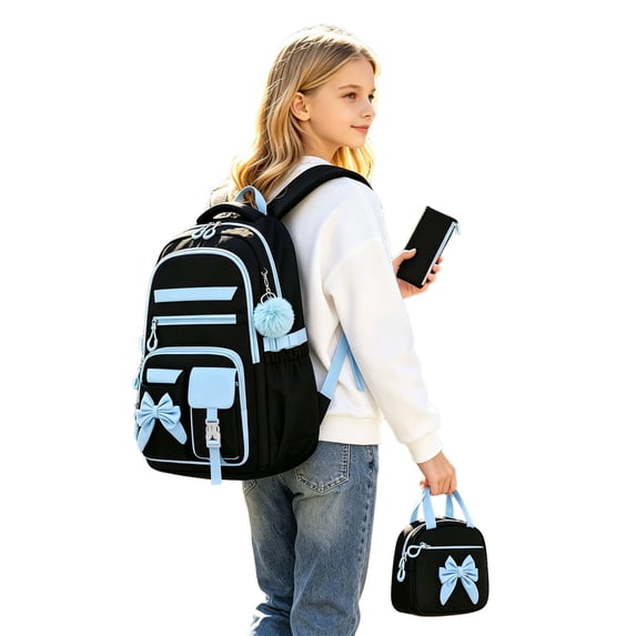 Weebloom Bow School Backpack With Lunch Box Pencil Case For Kids Girls Cute 3Pcs School Bags Set Lightweight Casual Daypack Travel Outdoor Large Bookbag Elementary Middle High School Blue