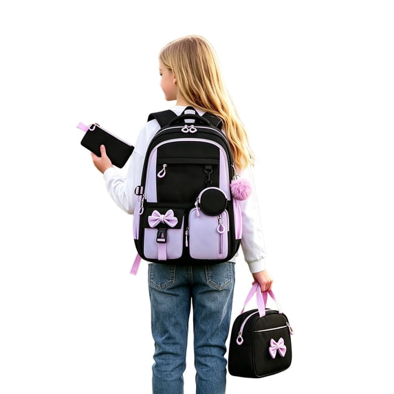 Weebloom Bow School Backpack With Lunch Box Pencil Case For Kids Girls Cute 3Pcs School Bags Set Three Piece Daypack Large Bookbag Elementary Middle High School Black
