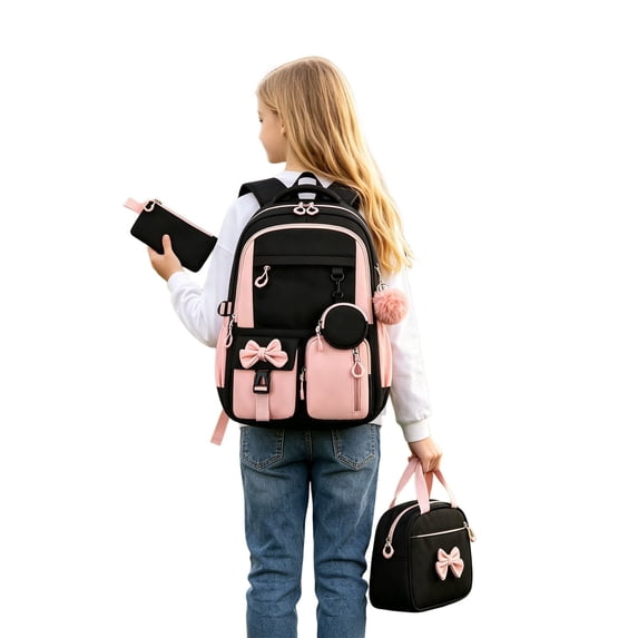 Weebloom Bow School Backpack With Lunch Box Pencil Case For Kids Girls Cute 3Pcs School Bags Set Three Piece Daypack Large Bookbag Elementary Middle High School Pink