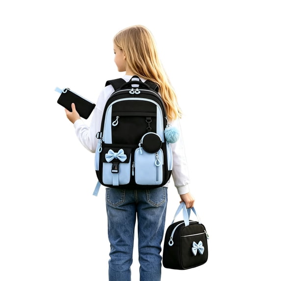 Weebloom Bow School Backpack With Lunch Box Pencil Case For Kids Girls Cute 3Pcs School Bags Set Three Piece Daypack Large Bookbag Elementary Middle High School Blue