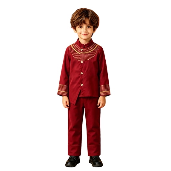 Weebloom Boys Formal Outfit African Bohemian Button Down Long Sleeve Shirt Pants Two Piece Casual Wear Dashiki Ankara Outfit Set Boy Clothes Set Size 4-5 Years Red