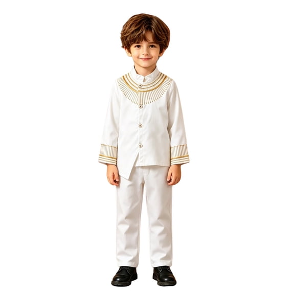 Weebloom Boys Formal Outfit African Bohemian Button Down Long Sleeve Shirt Pants Two Piece Casual Wear Dashiki Ankara Outfit Set Boy Clothes Set Size 6-7 Years White