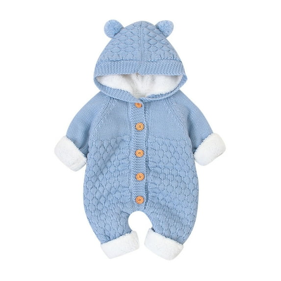 Weebloom Boys Sweaters Baby Plus Velvet Winter Warm Coat Knit Outwear Hooded Jumpsuit Tops Sweater 12-18 Months Light Blue