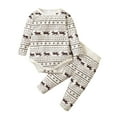 thumbnail image 1 of Weebloom Christmas Baby Girl Outfit Boys Girls Long Sleeve Xmas Cartoon Deer Printed Romper Tops Long Pants Outfits Clothes Sets Beige 0-3 Months, 1 of 7