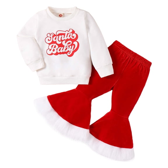Weebloom Christmas Baby Girl Outfit Toddler Girls Long Sleeve Xmas Letter Prints Tops Bell Bottoms Pants Two Piece Casual Outfits Set Kids Clothes White 6-12 Months