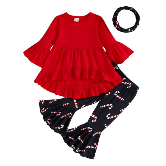 Weebloom Christmas Baby Girl Outfit Toddler Girls Xmas Long Sleeve Ruffles T Shirt Tops Prints Bell Bottoms Flare Pants Scarf Kids Outfits Clothes Sets Red 12-18 Months