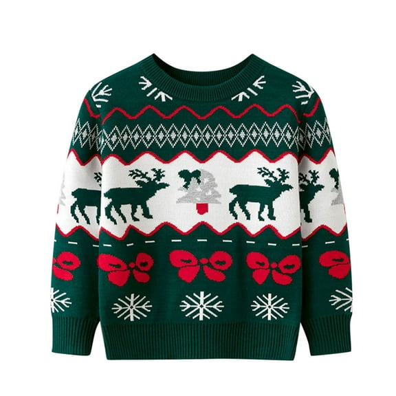 Weebloom Christmas Boys Girls Sweater Toddler Deer Prints Bowknot Long Sleeve Warm Knitted Pullover Xmas Tops Sweaters 3-4 Years Green