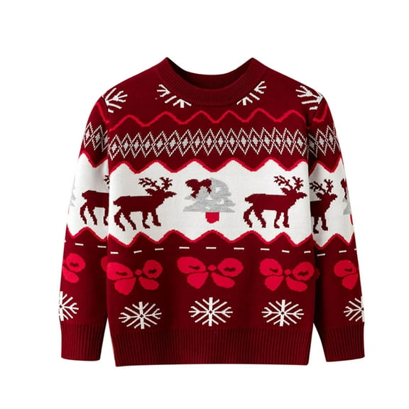 Weebloom Christmas Boys Girls Sweaters Toddler Deer Prints Bowknot Long Sleeve Warm Knitted Pullover Xmas Tops Sweater 2-3 Years Lovely
