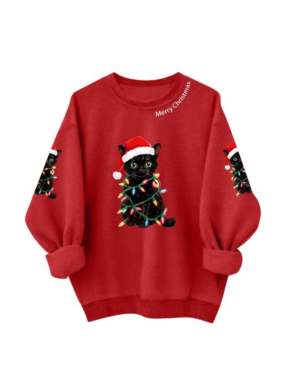 Christmas Crewneck Sweatshirts Kids Black Cat Graphic Pullover Oversized Autumn Winter Tops Boys Girls Xmas Sweatshirt Red
