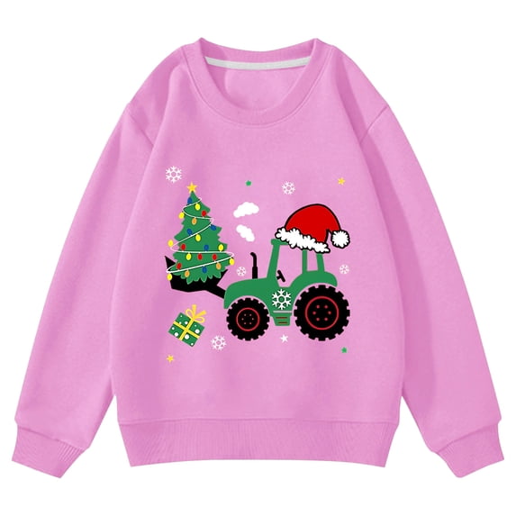 Weebloom Christmas Crewneck Sweatshirts Cute Excavator Graphic Pullover Fall Winter Tops Boys Girls Xmas Sweatshirts Pink