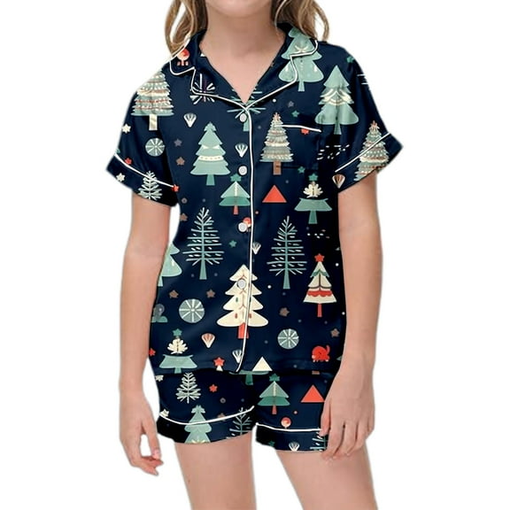 Weebloom Christmas Pajamas For Girl Boys Xmas Dinosaur Deer Satin Kids Short Sleeves 2 Piece Button Down Classic Shorts Nightwear Pjs Dark Blue