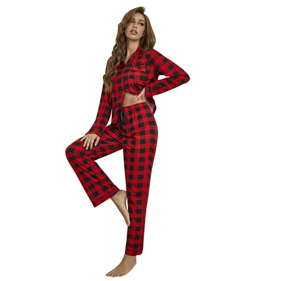 Weebloom Christmas Pajamas Women Plaid Sets Long Sleeve Button Down Soft Sets Pjs Sleepwear Red S