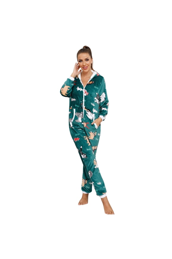 Christmas Womens Pajamas Xmas Hooded Jumpsuit Rompers Clubwear Plush Onesie Nightwear Sleepwear Green S