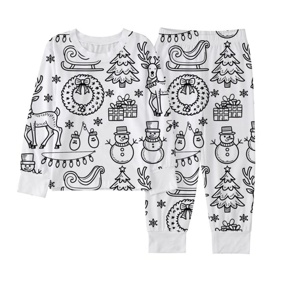 Weebloom Colorable Pajamas For Kids Christmas Girls Doodle Print Long Sleeve Pajama Holiday Two Piece Outfit Soft Toddler Youth Loungewear White 6-7 Years