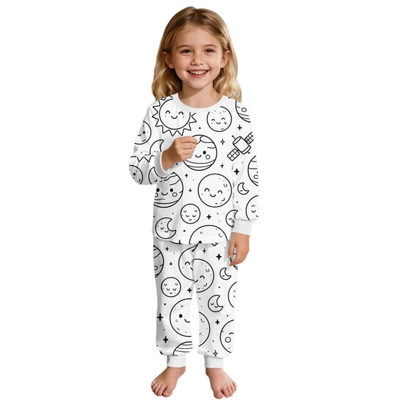 Weebloom Colorable Pajamas For Kids Christmas Solar System Doodle Long Sleeve Pajama Comfy Planet Print Two Piece Outfit Children Loungewear White 6-7 Years