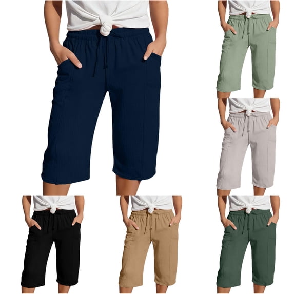 Weebloom Cotton Linen Shorts For Little Girls High Waisted With Pockets Beach Pants For Kids With Fit Solid Color Casual Trousers Navy 8-9 Years