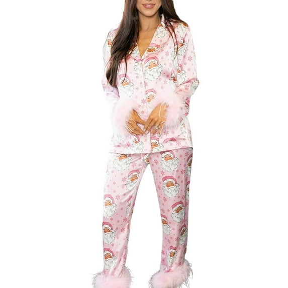 Weebloom Cute Christmas Pajamas For Women Xmas Flannel Long Sleeve Notch Collar Shirt And Pants 2 Piece Plaid Homewear Pajama Pink M